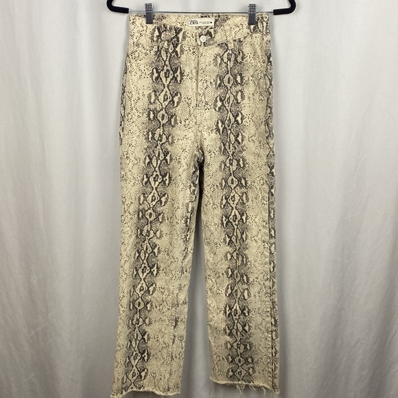 ZARA 90s Wide Leg White Snake Print Pants Jeans High Waist Python - Size 4 - Picture 4 of 12